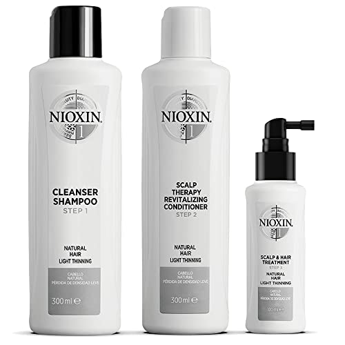 Nioxin System Kit 1, Hair Strengthening & Thickening Treatment, Treats & Hydrates Sensitive or Dry Scalp, Reduces Hair Breakage, For Natural Hair with Light Thinning, Full Size (3 Month Supply)