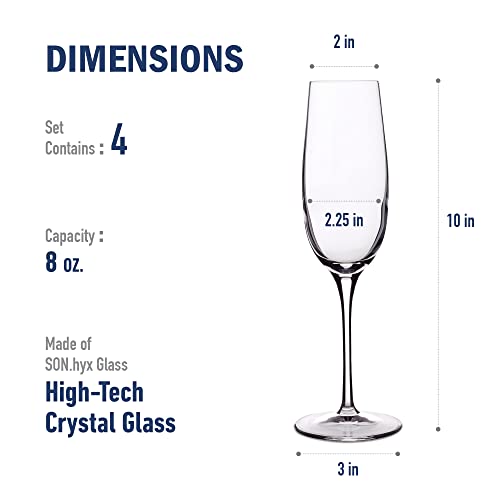 Luigi Bormioli Crescendo 8-ounce. Champagne Flutes , Set Of 4, Prosecco Glasses, Clear Crystal Son-hyx Glass, Dishwasher Safe, Made In Italy.