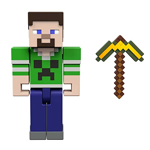 Minecraft Creeper Shirt Steve Action Figure, 3.25-in, with 1 Build-a-Portal Piece & 1 Accessory, Building Toy Inspired by Video Game, Collectible Gift for Fans & Kids Ages 6 Years & Older