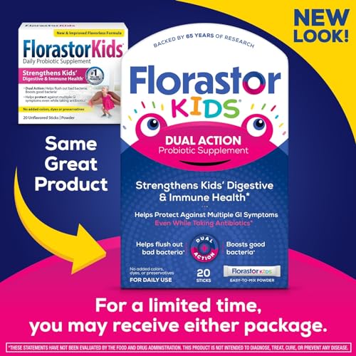 Florastor Kids Daily Probiotic Supplement, Unflavored Powder Mixes with Food or Beverage, Use with Antibiotics, Saccharomyces Boulardii CNCM I-745 (20 Powder Sticks), Packaging May Vary