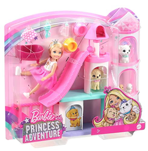 Barbie Princess Adventure Chelsea Pet Castle Playset, with Blonde Chelsea Doll (6-inch), 4 Pets and Accessories, Gift for 3 to 7 Year Olds