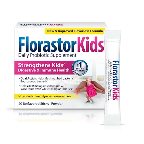 Florastor Kids Daily Probiotic Supplement, Unflavored Powder Mixes with Food or Beverage, Use with Antibiotics, Saccharomyces Boulardii CNCM I-745 (20 Powder Sticks), Packaging May Vary