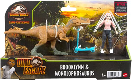 Mattel Jurassic World Toys Camp Cretaceous Brooklynn & Monolophosaurus Human & Dino Pack with 2 Action Figures & Scooter, Toy Gift and Collectible